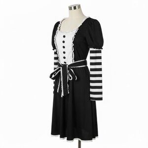 Hell Bunny Vintage-Inspired Black & White Lace-Trimmed Dress Striped Sleeves